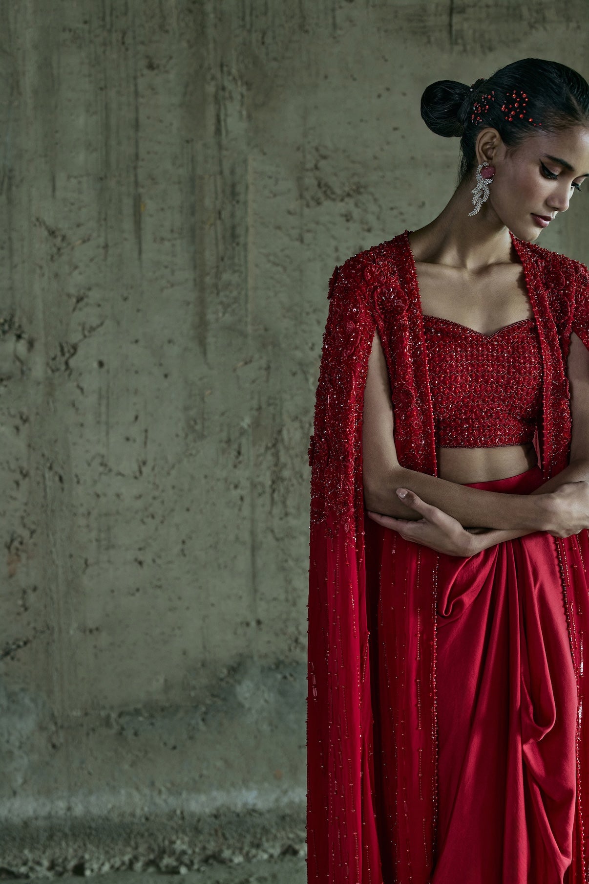 RED LONG CAPE SET WITH BUSTIER AND SKIRT