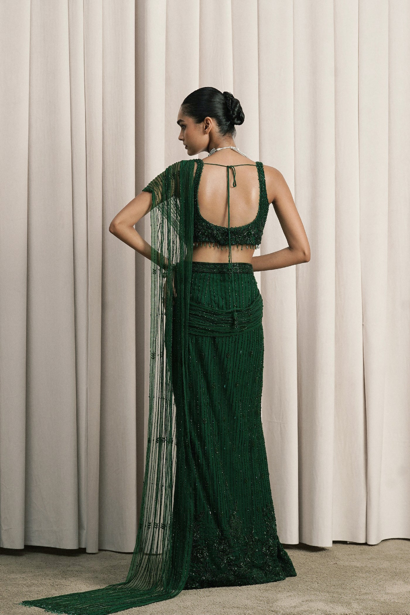 EMERALD GREEN EMBROIDERED NET SAREE WITH BLOUSE