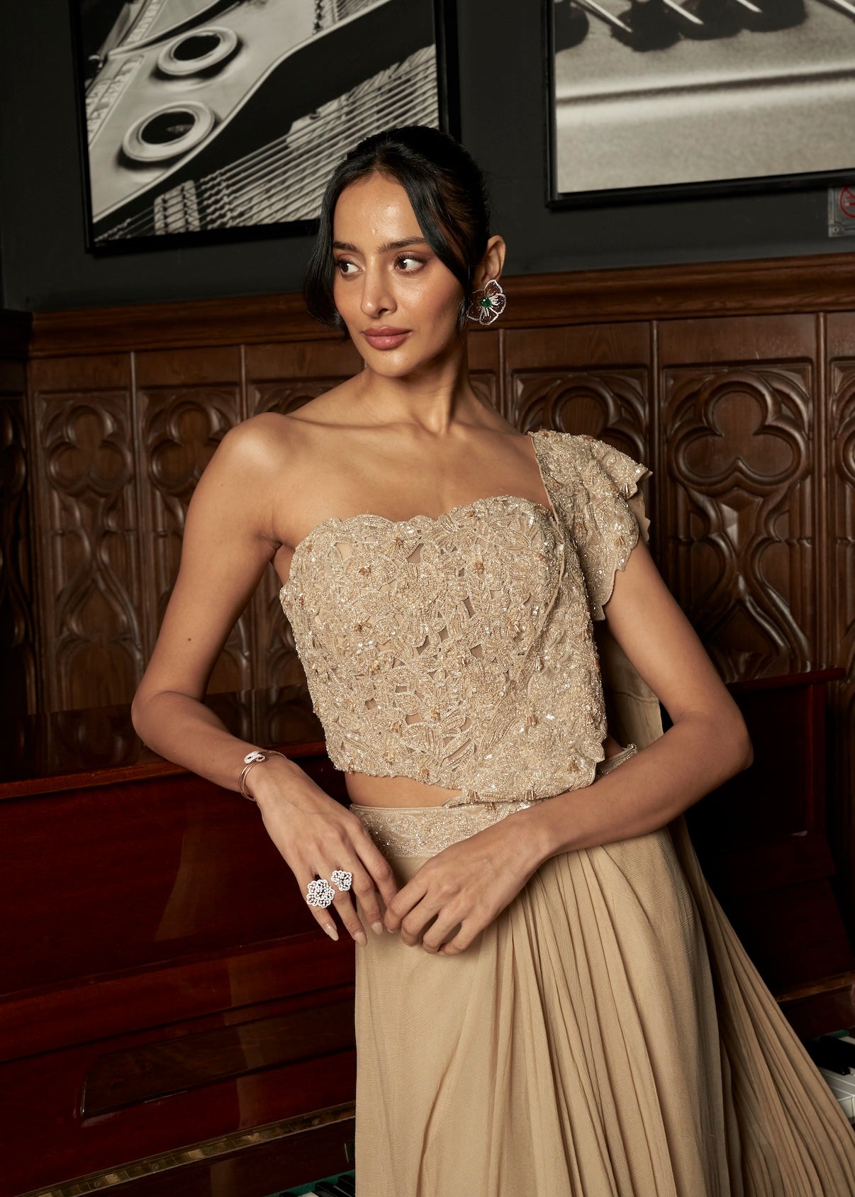 BEIGE CORSET DRAPE SAREE SET