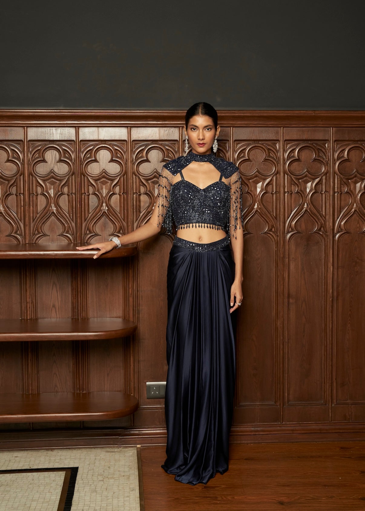NAVY INDO-WESTERN CAPE-SKIRT SET
