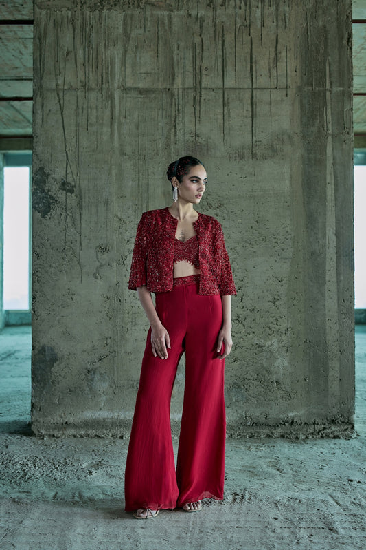 RED CUTWORK JACKET SET WITH PANTS