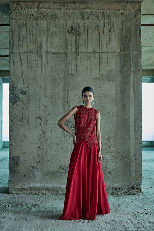 RED ASSYMETRICAL TOP WITH FLOWY PANTS SET