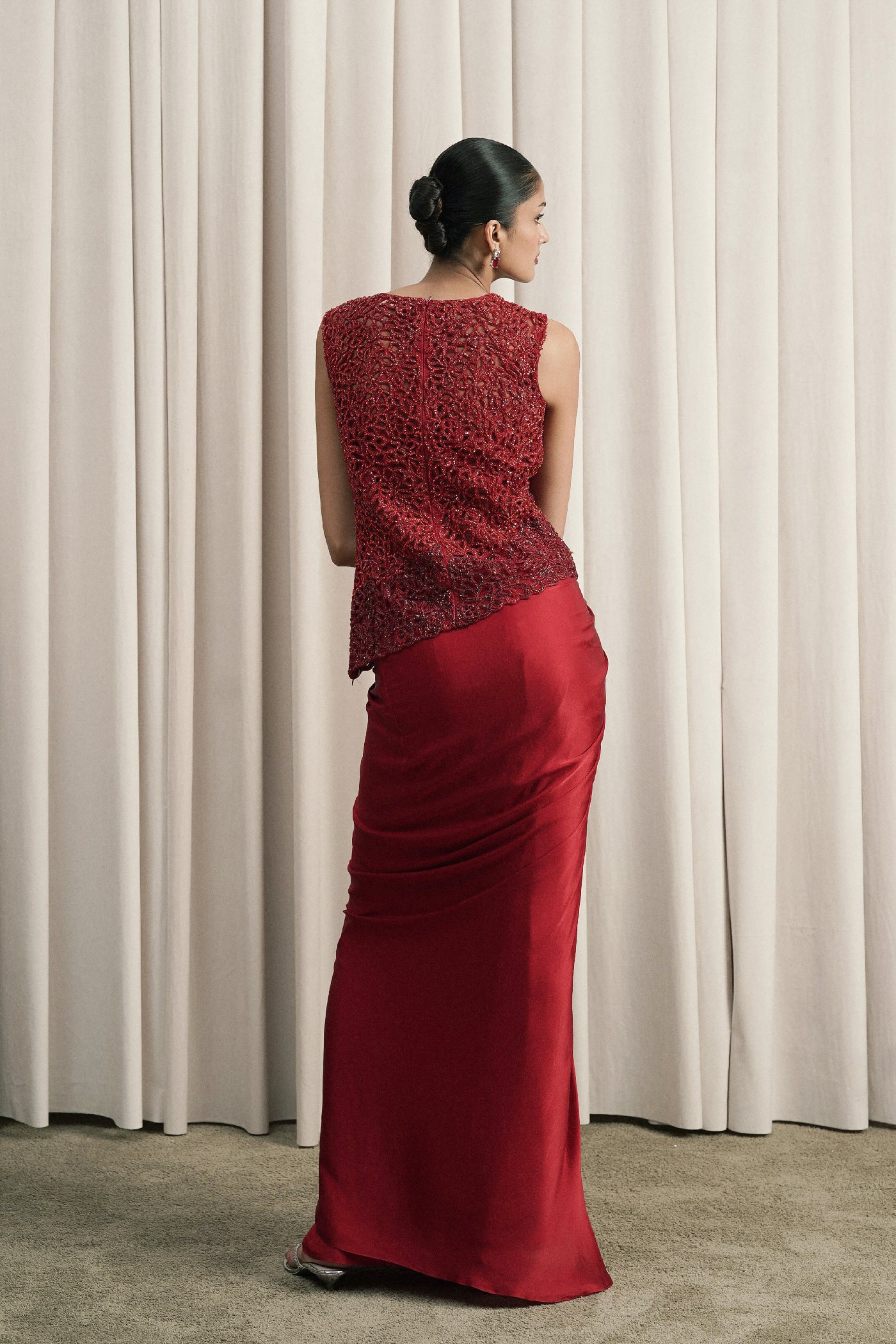 RED EMBROIDERED TOP AND DRAPED SKIRT SET WITH BUSTIER