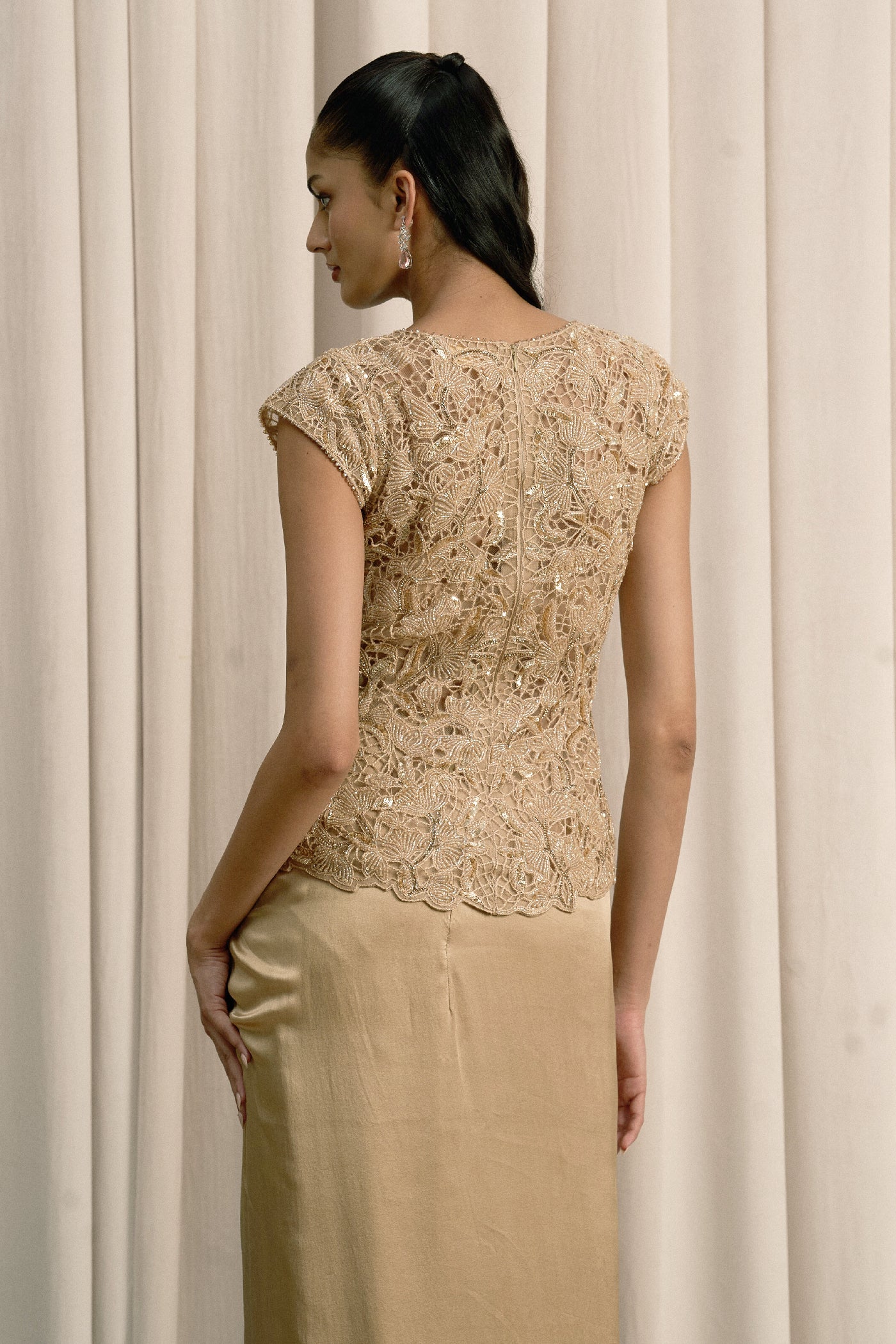 BEIGE CUTWORK TOP WITH BUSTIER AND PICK-UP SKIRT