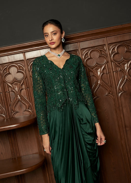 EMERALD EMBROIDERED JACKET WITH DRAPED SKIRT