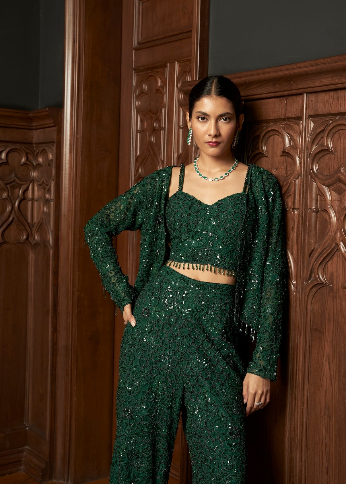 EMERALD  INDOWESTERN SHORT JACKET SET WITH FLAIRED PANTS