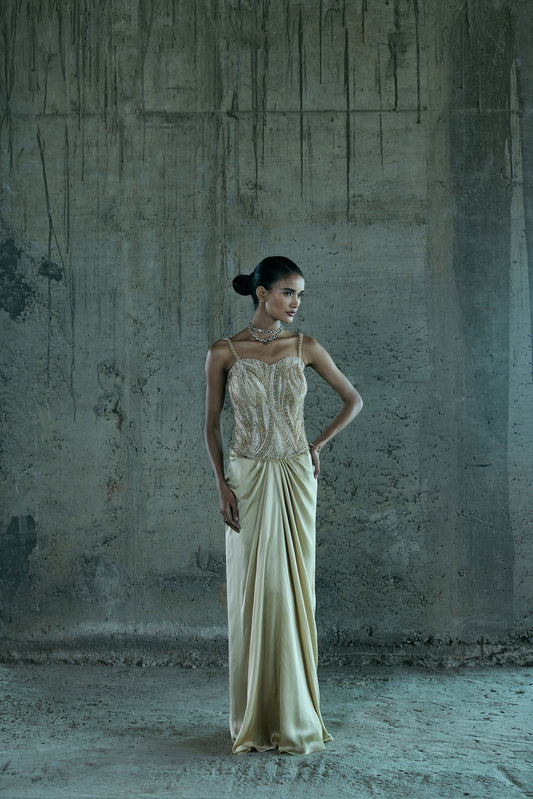 BEIGE HAND EMBELLISHED CORSET WITH SKIRT SET