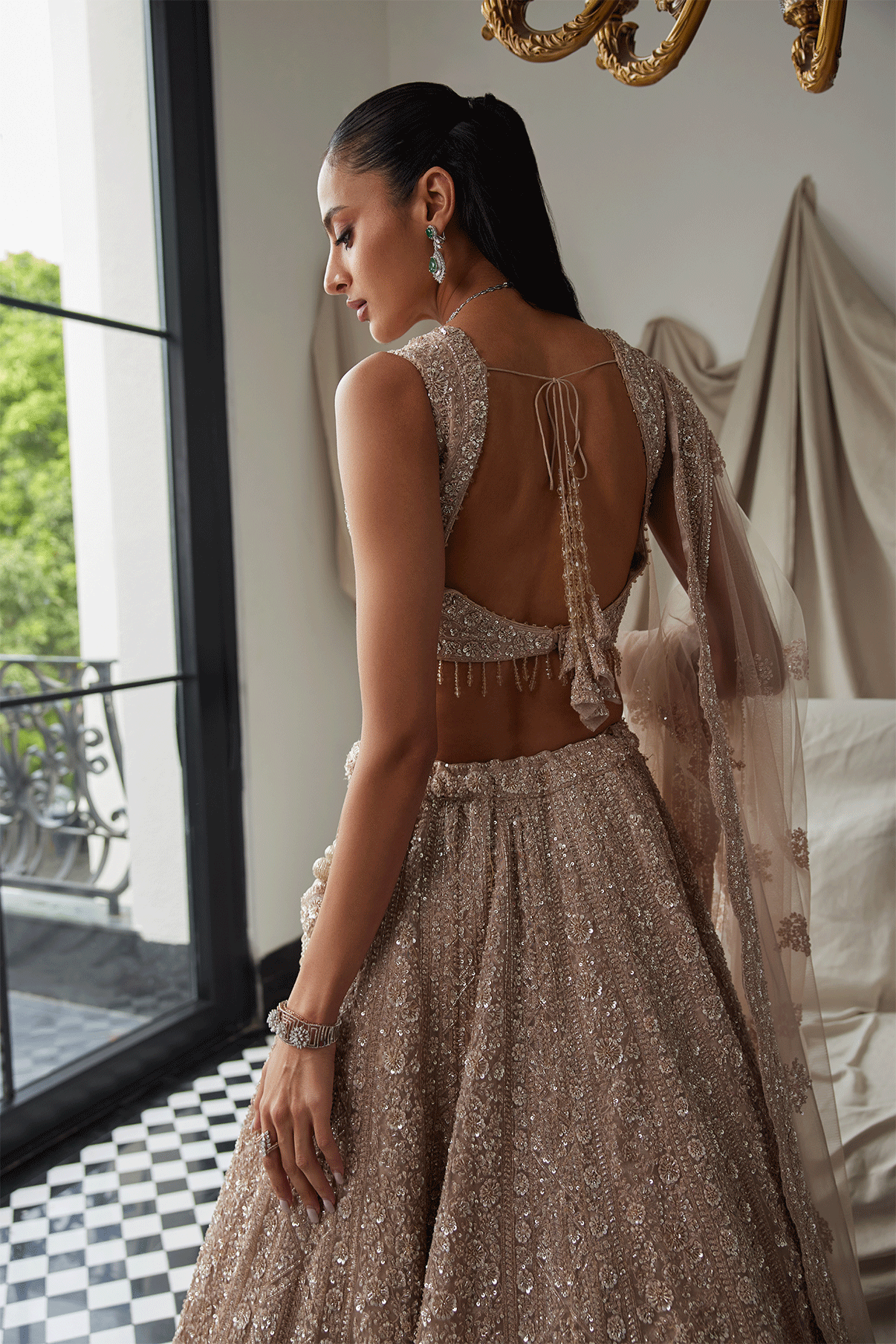 BEIGE EMBROIDERED BRIDAL LEHENGA SET