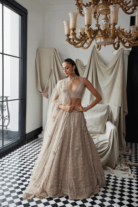 BEIGE EMBROIDERED BRIDAL LEHENGA SET