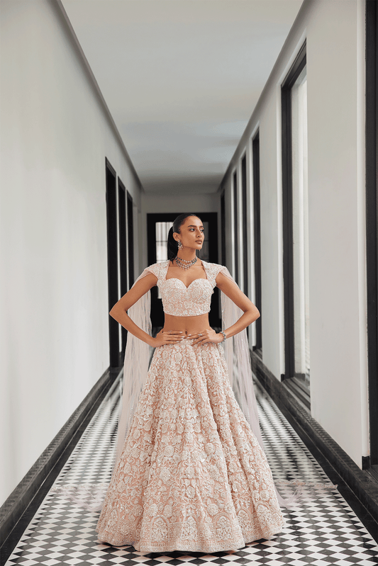 PINK BRIDAL LEHENGA WITH A VEIL BLOUSE