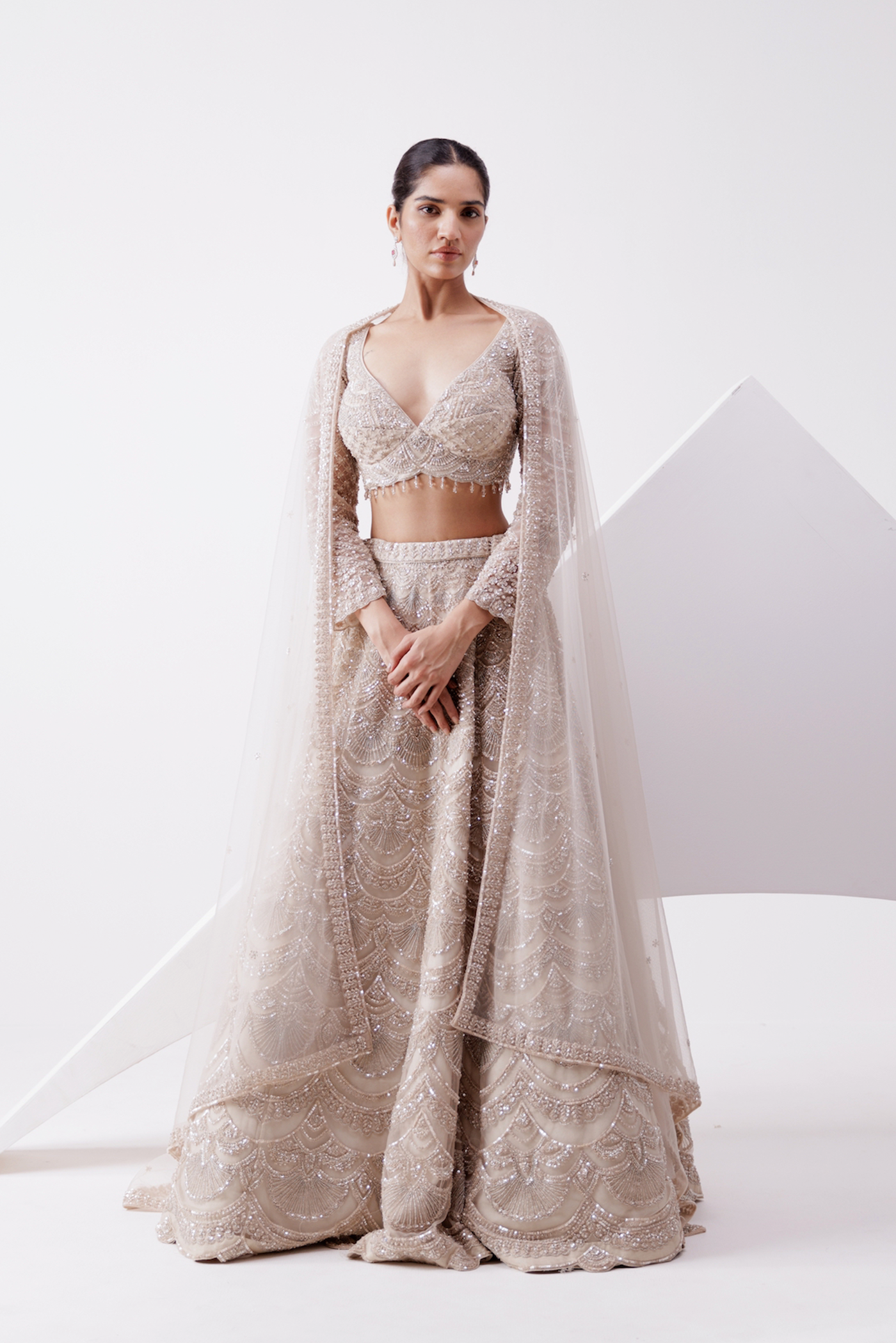 BEIGE NET EMBROIDERED LEHENGA