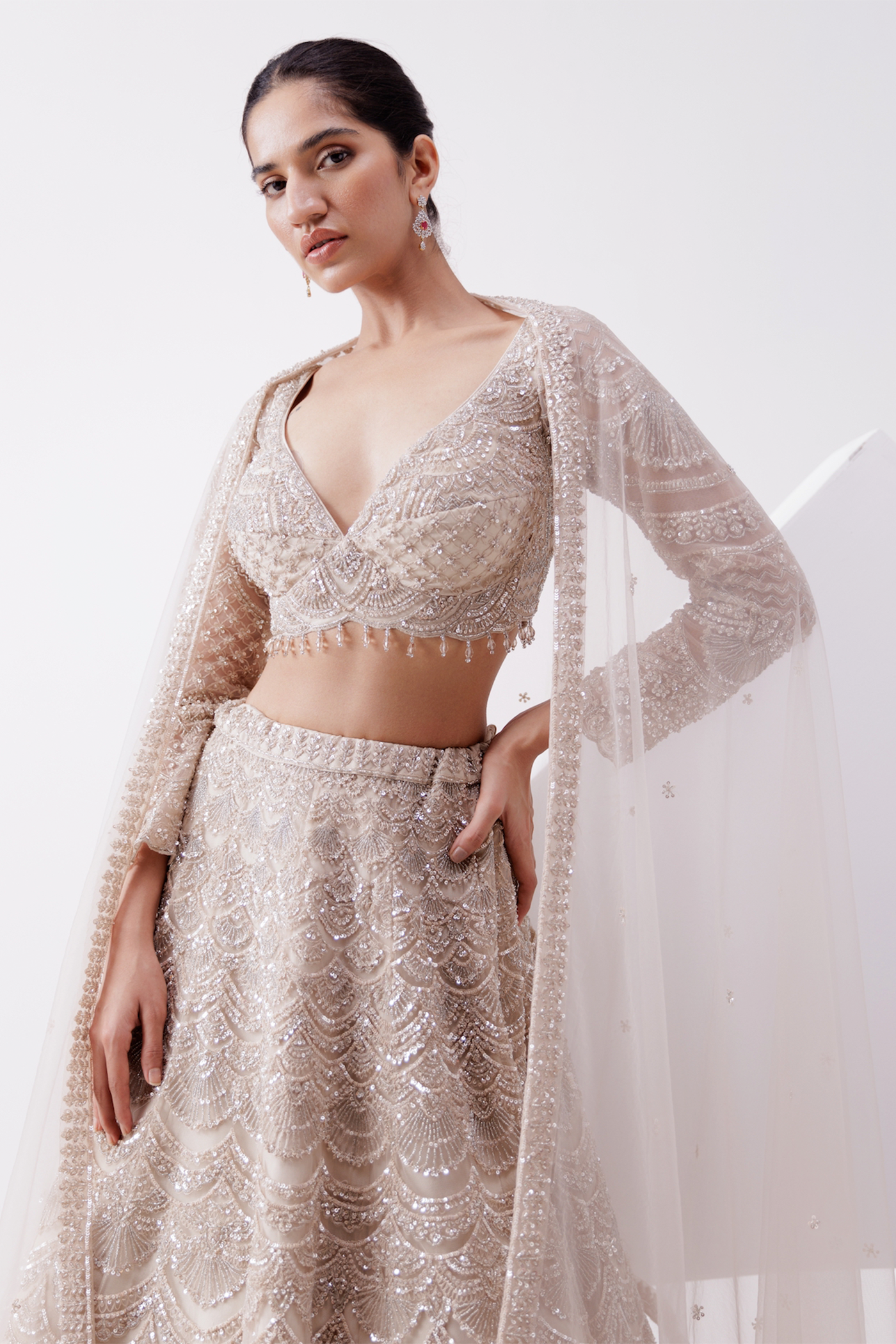 BEIGE NET EMBROIDERED LEHENGA