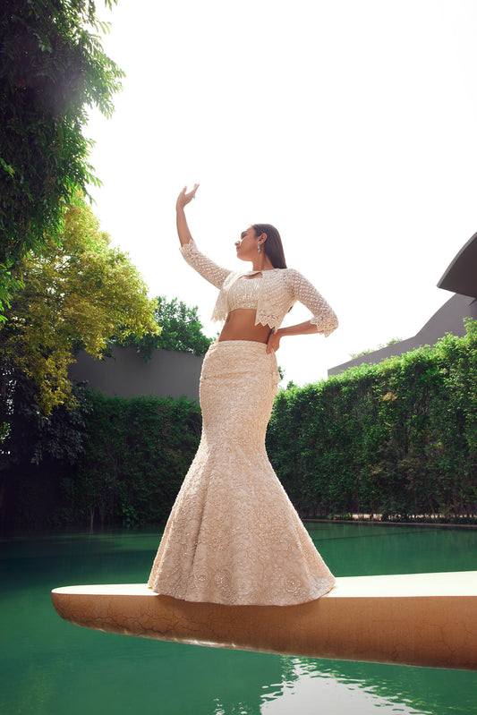 IVORY FISH CUT LEHENGA WITH CAPE SET