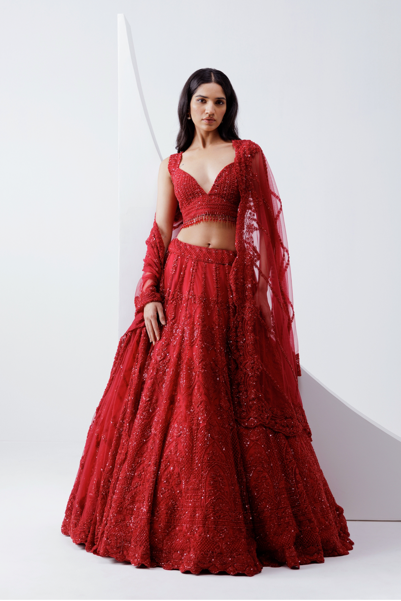 RED EMBROIDERED LEHENGA SET