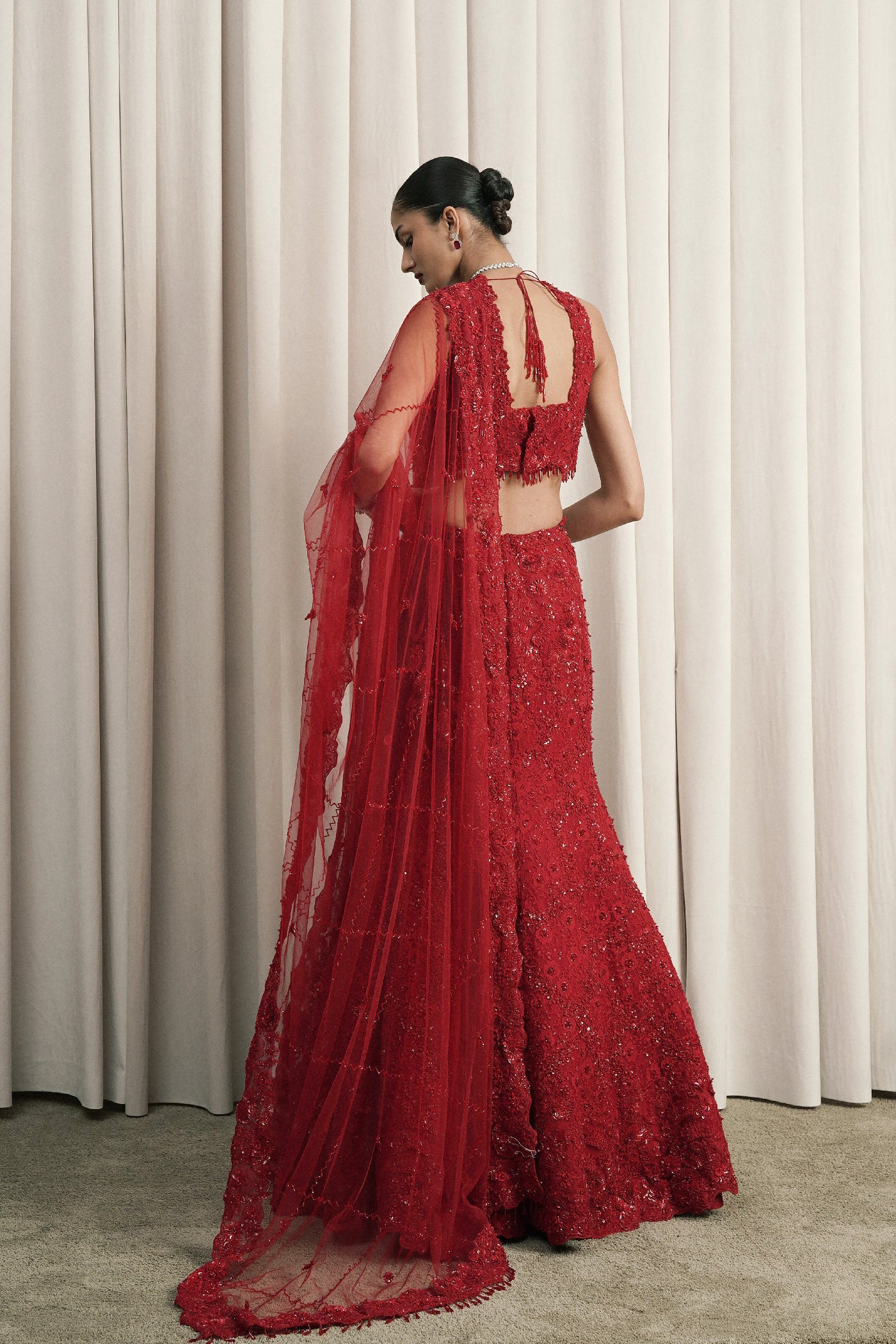 RED FISH-CUT EMBROIDERED LEHENGA WITH DUPATTA