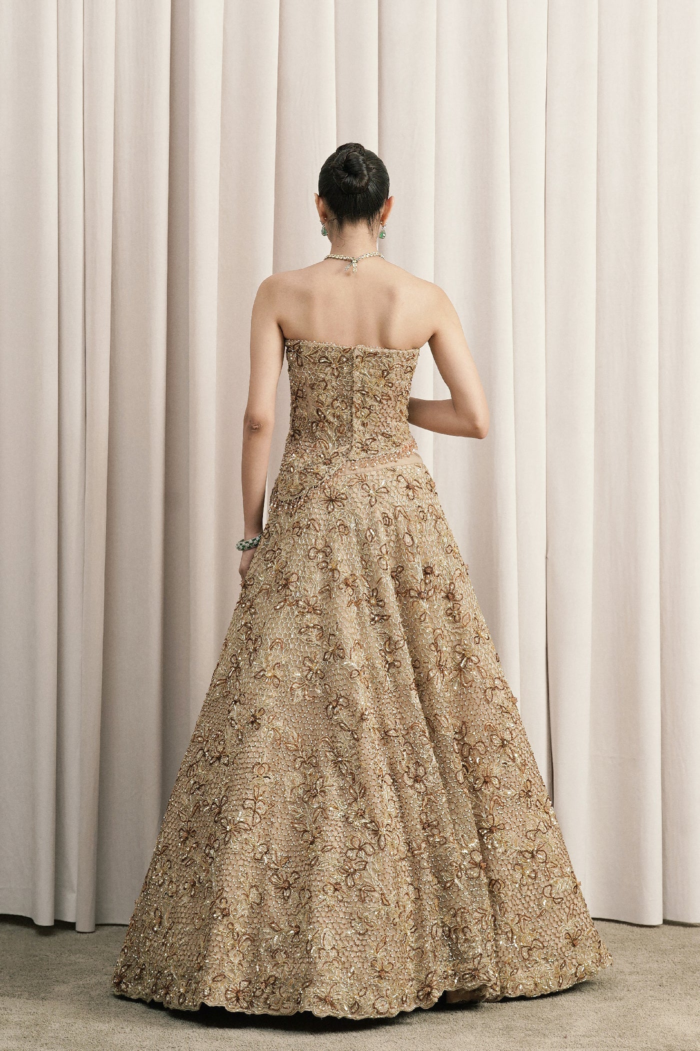 BEIGE EMBROIDERED LEHENGA WITH CORSET BLOUSE AND DUPATTA
