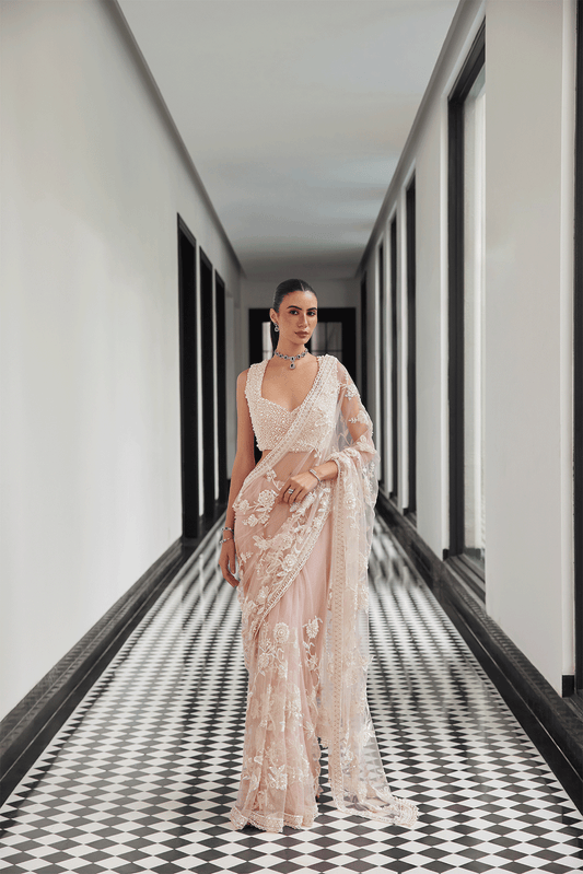 PINK SAREE WITH PEARL EMEBELLISHED BLOUSE