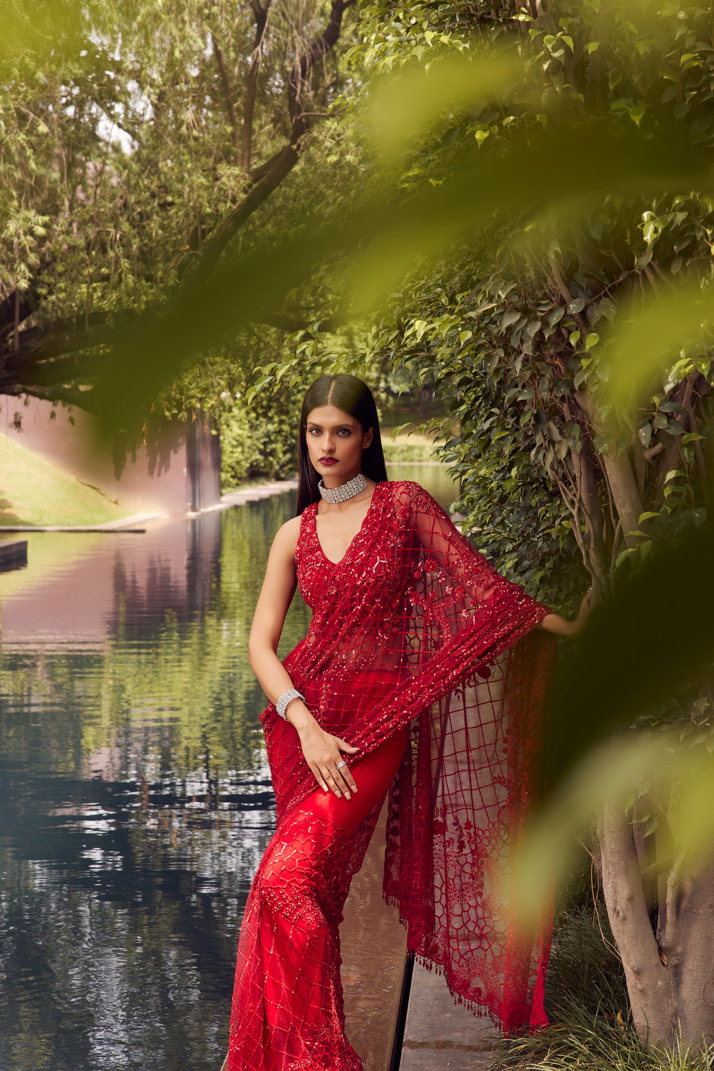 RED EMBROIDERED NET SAREE