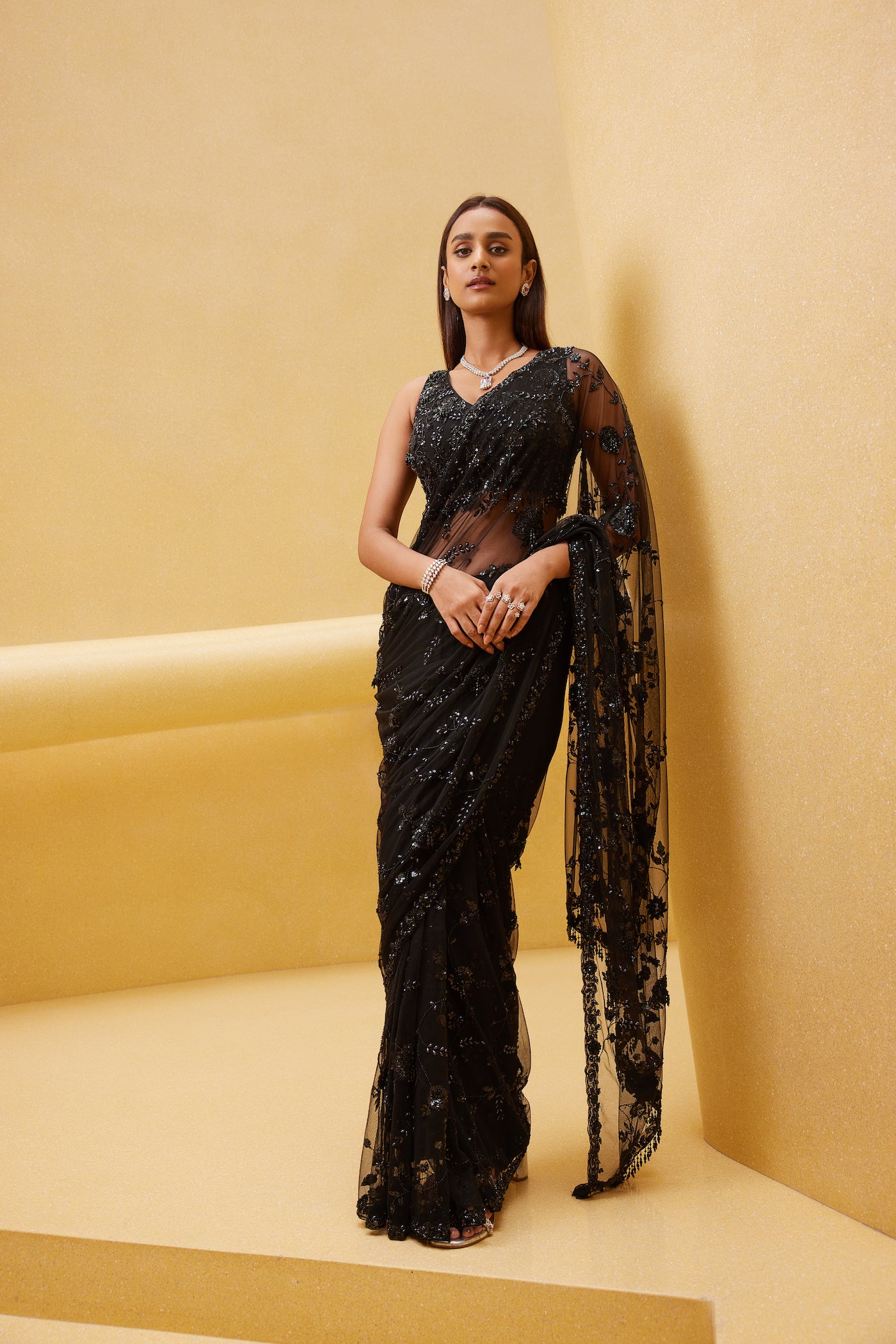 BLACK EMBROIDERED NET SAREE