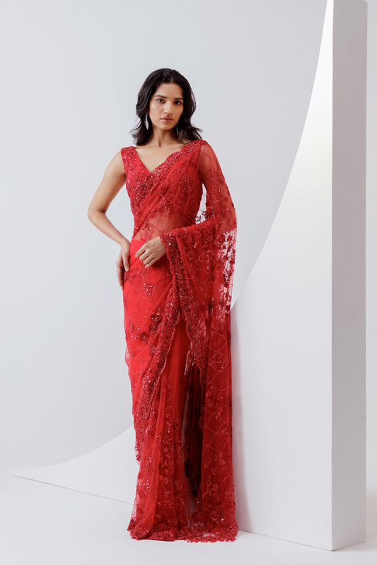 RED EMBROIDERED NET SAREE