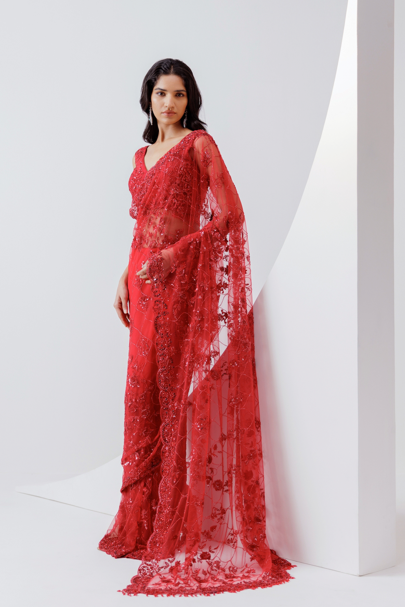 RED EMBROIDERED NET SAREE