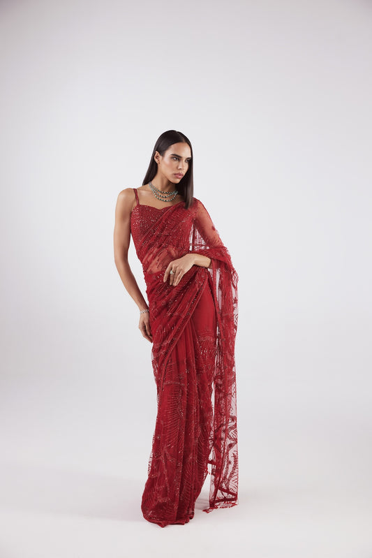 RED COCKTAIL NET SAREE