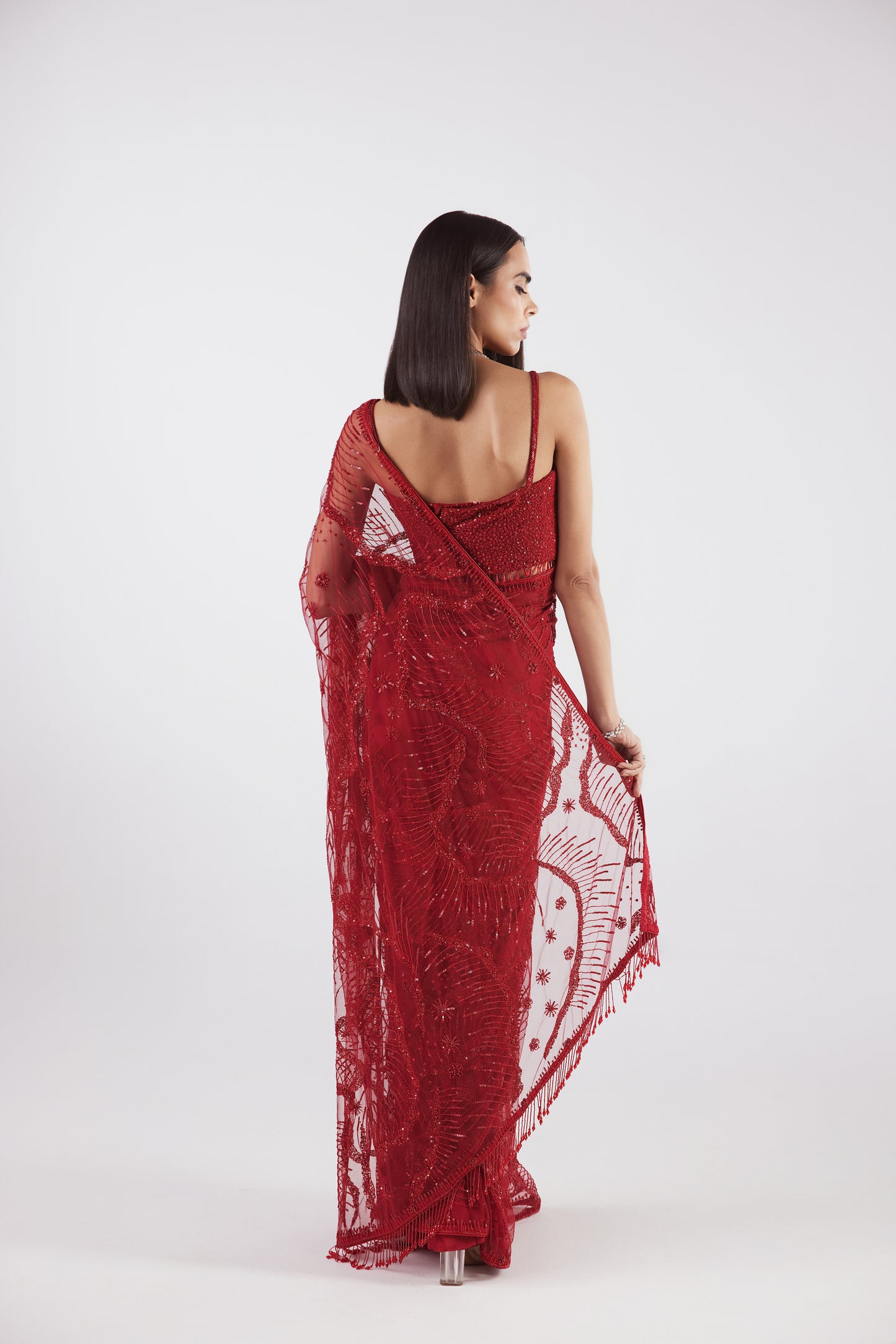 RED COCKTAIL NET SAREE