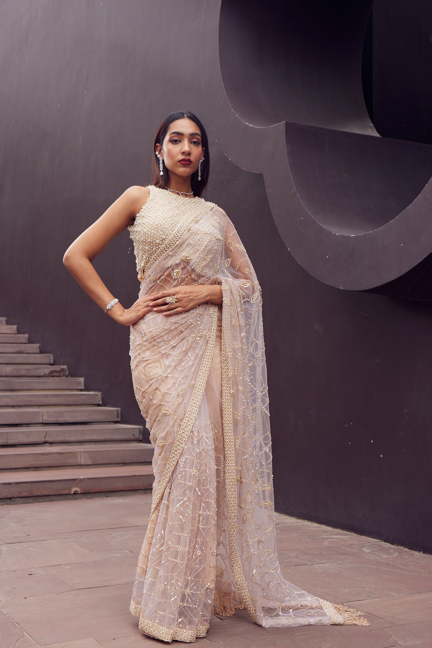 BEIGE NET EMBROIDERED SAREE