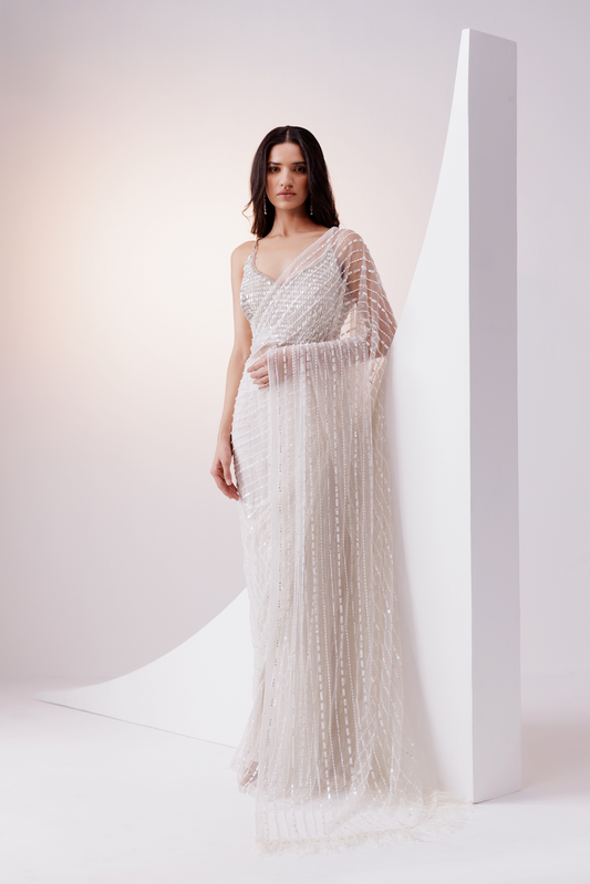 IVORY STONE EMBELLISHED NET SAREE