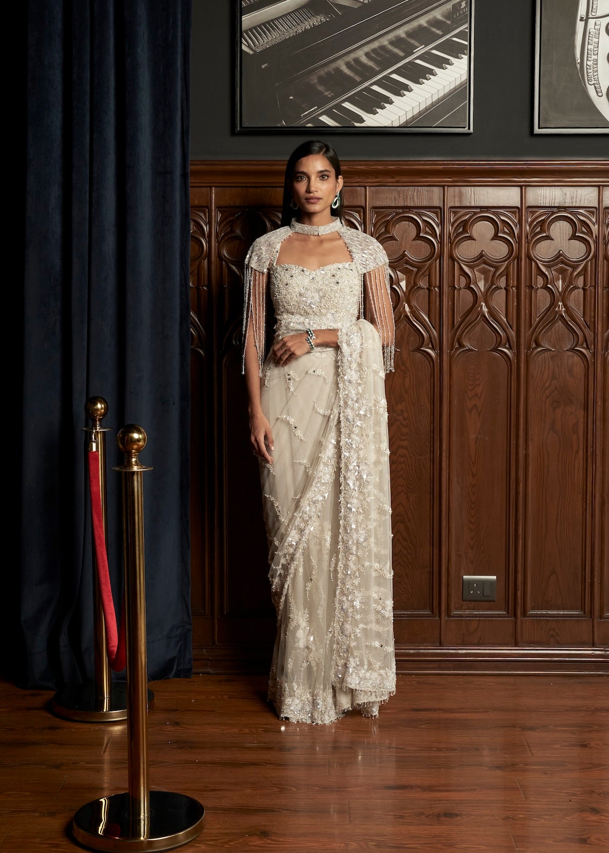 GREY CAPE-SAREE SET