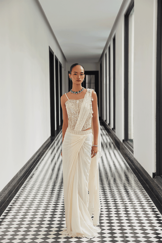 IVORY DRAPE SAREE WITH A CORSET BLOUSE