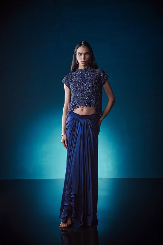 NAVY CUTWORK TOP WITH DRAPE SKIRT