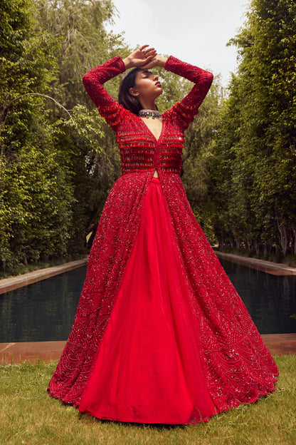 RED JACKET GOWN WITH NET SKIRT – Istya - Main Image