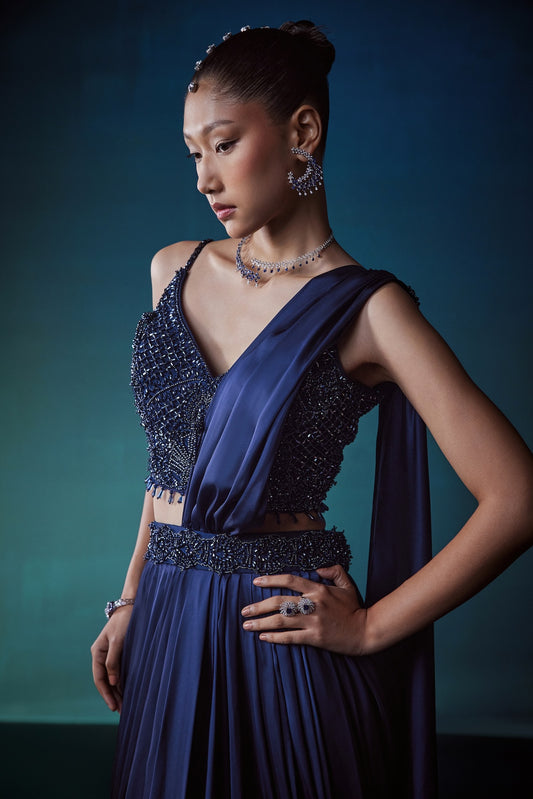 NAVY DRAPE SAREE WITH CRYSTAL STUDDED BLOUSE