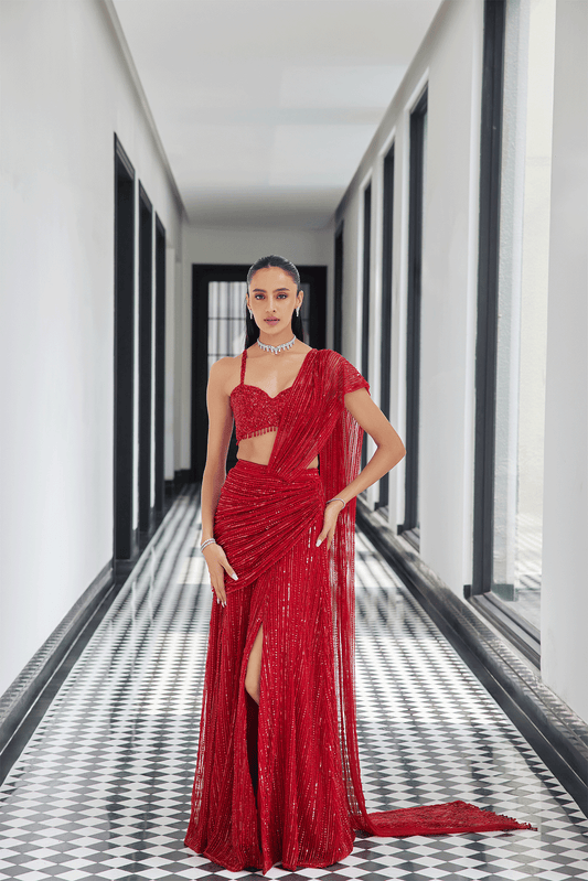 RED DRAPE SAREE WITH A SLIT SKIRT