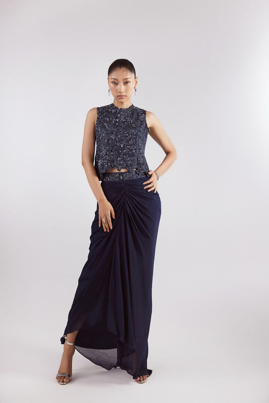 NAVY SELF ON SELF TOP WITH DRAPE SKIRT