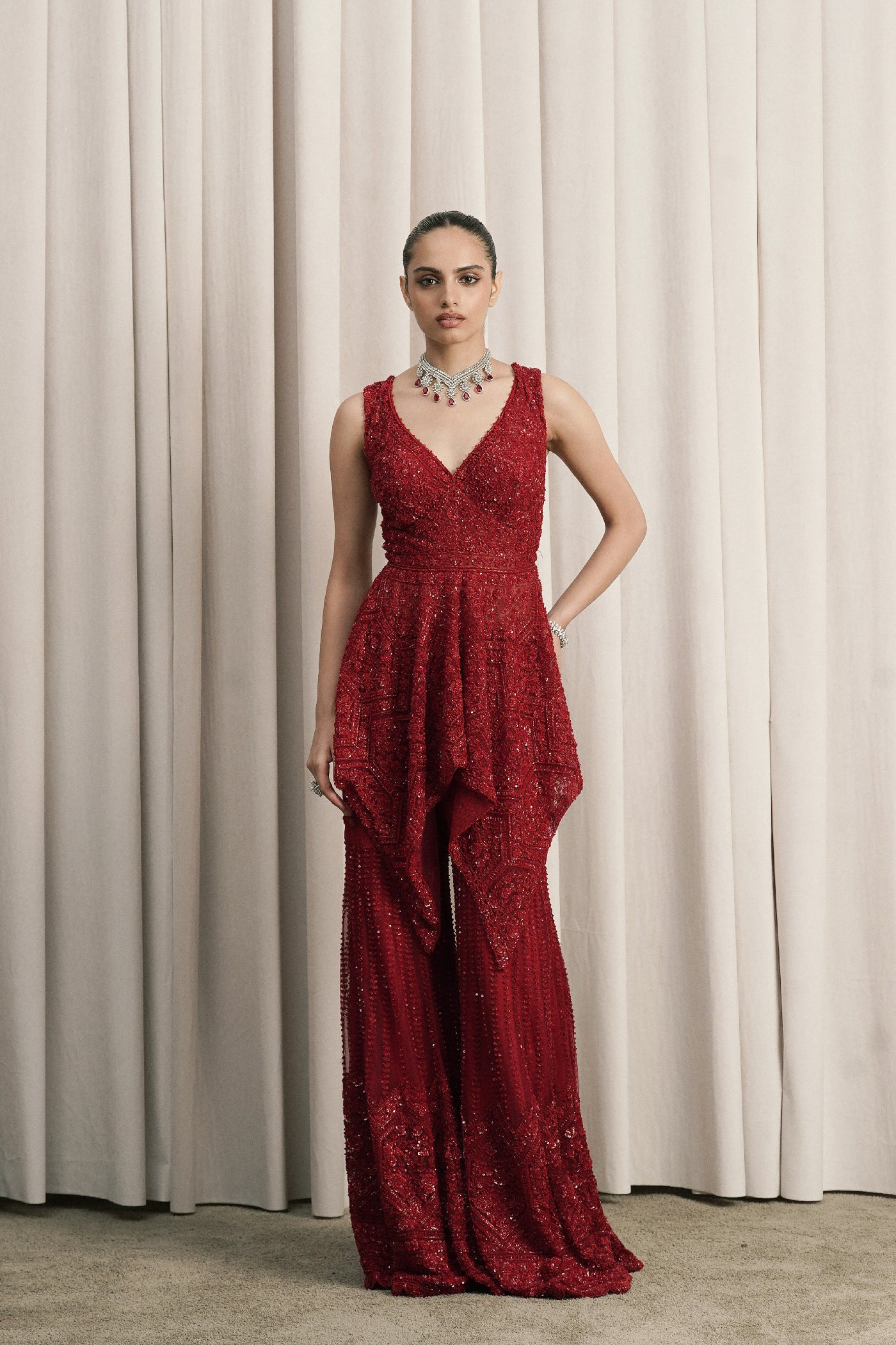 RED EMBROIDERED NET SHARARA SET WITH DUPATTA