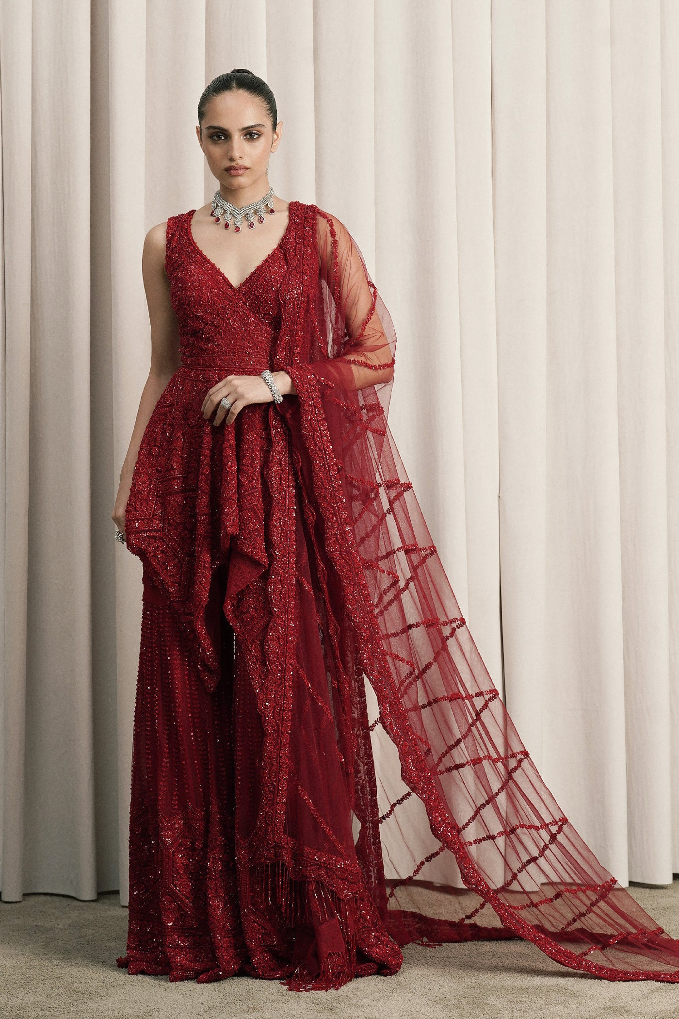 RED EMBROIDERED NET SHARARA SET WITH DUPATTA