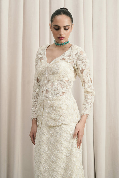 IVORY EMBROIDERED OPEN JACKET SET WITH SKIRT