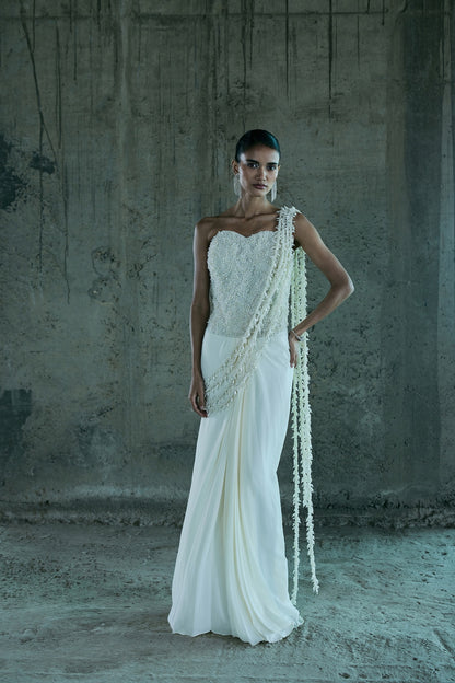 IVORY PEARL EMBELLISHED DRAPE SAREE SET
