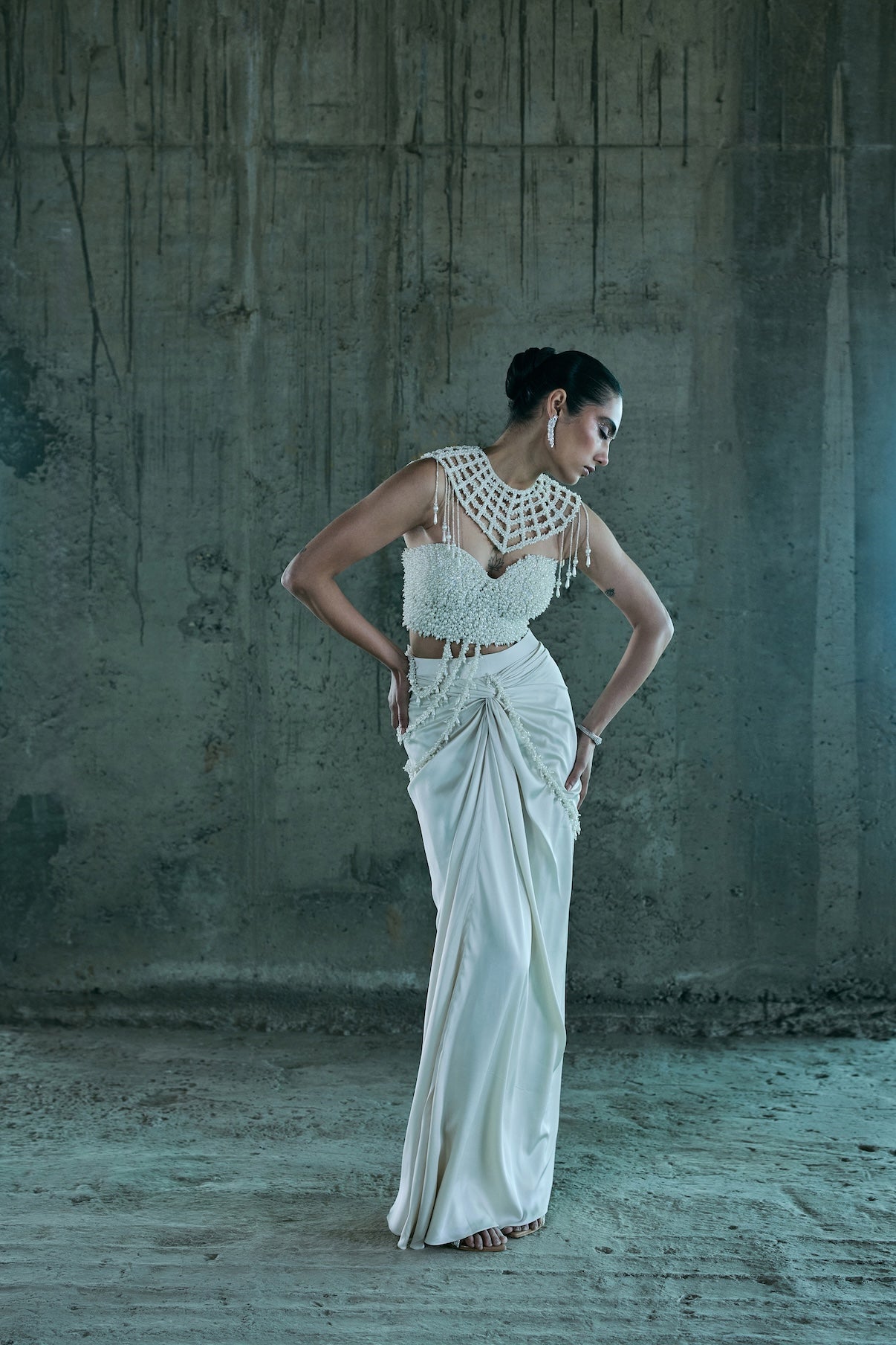 IVORY PEARL CORSET PAIRED WITH CAPE AND SKIRT