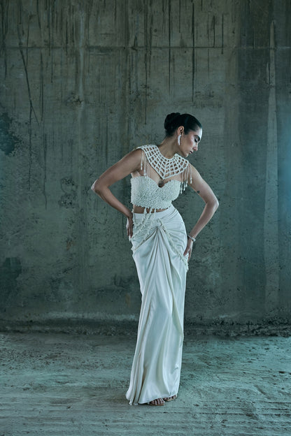IVORY PEARL CORSET PAIRED WITH CAPE AND SKIRT