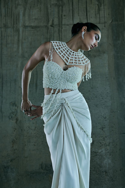 IVORY PEARL CORSET PAIRED WITH CAPE AND SKIRT
