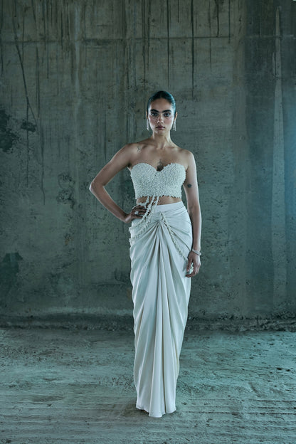 IVORY PEARL CORSET PAIRED WITH CAPE AND SKIRT