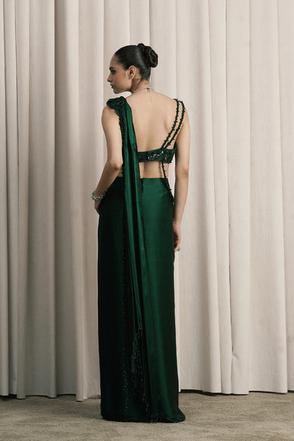EMERALD GREEN DRAPED SATIN SAREE WITH BLOUSE