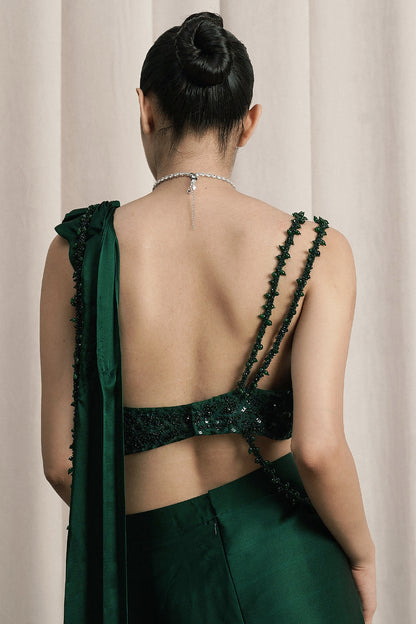 EMERALD GREEN DRAPED SATIN SAREE WITH BLOUSE