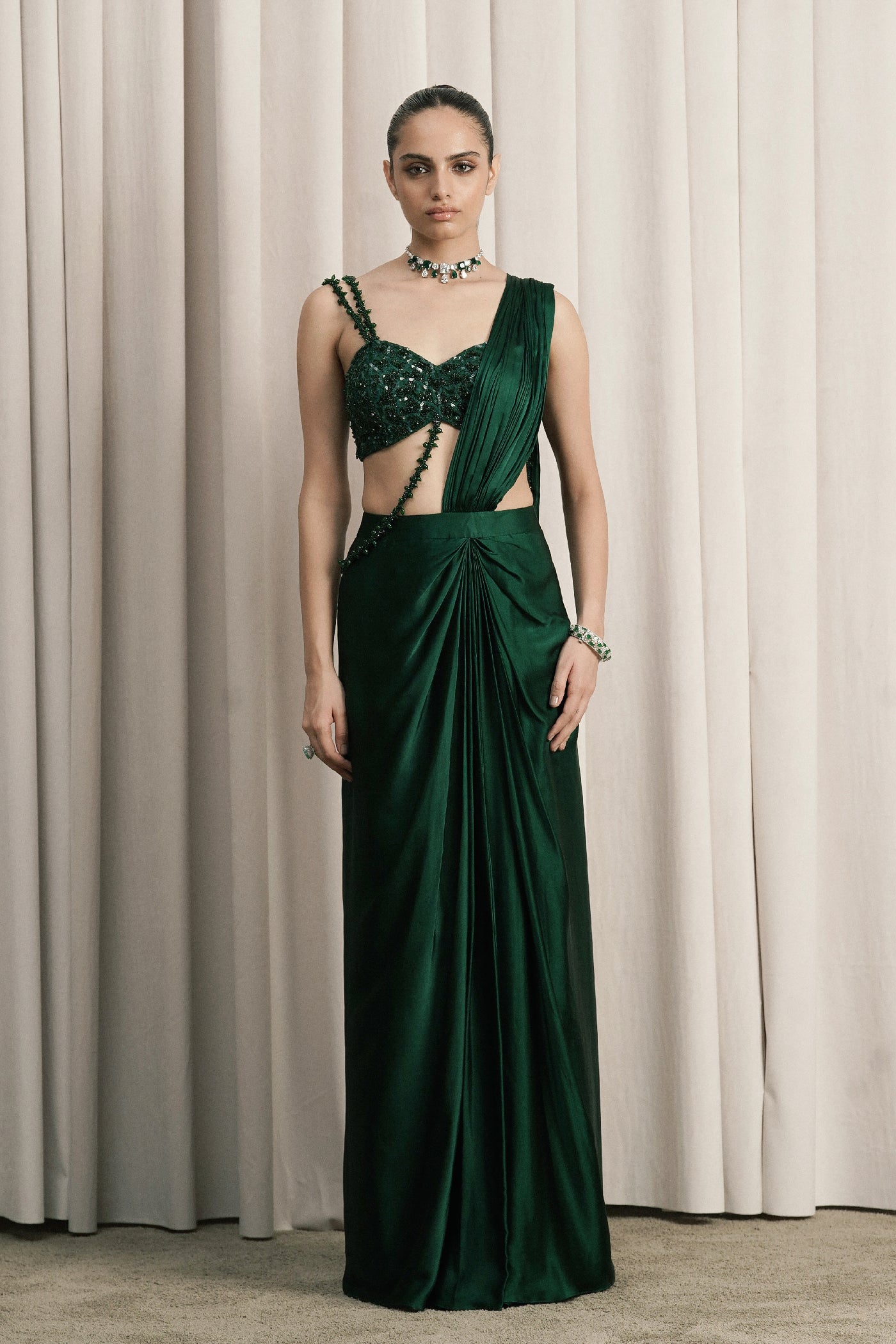 EMERALD GREEN DRAPED SATIN SAREE WITH BLOUSE