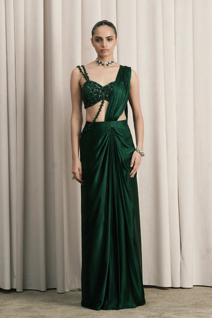 EMERALD GREEN DRAPED SATIN SAREE WITH BLOUSE