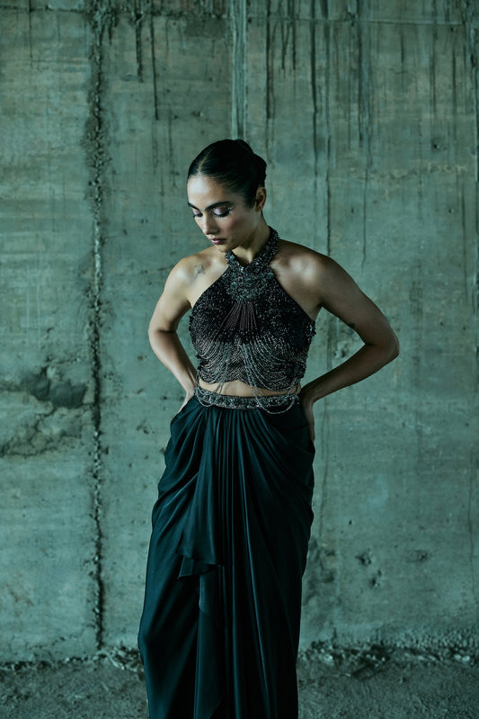 BLACK HAND EMBELLISHED BUSTIER WITH SKIRT SET