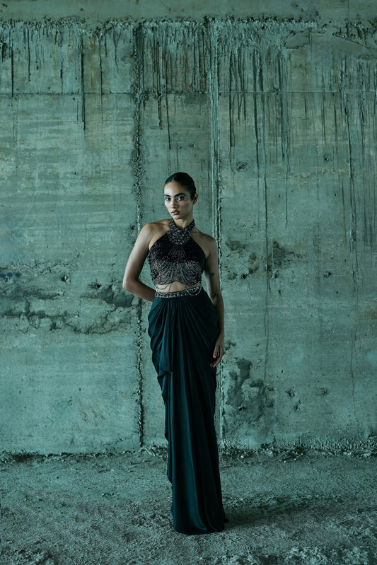 BLACK HAND EMBELLISHED BUSTIER WITH SKIRT SET